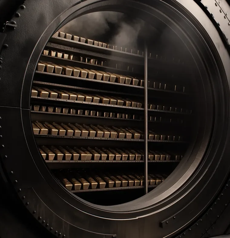 An open vault door revealing shelves of gold bullion bars